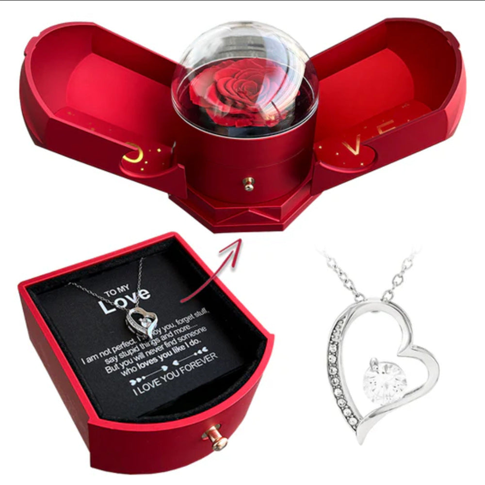 LOVE BOX - Boîte à bijou comportant une rose éternelle et un magnifique pendentif en forme de coeur