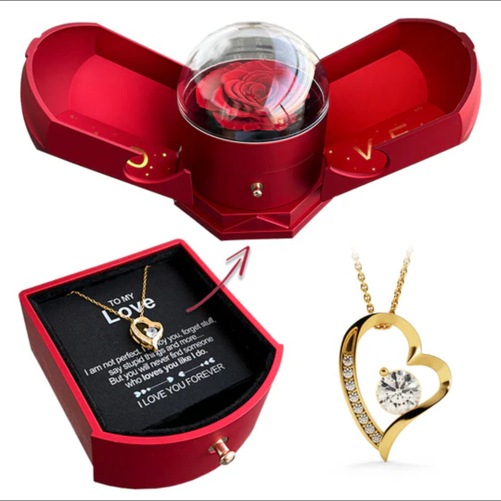 LOVE BOX - Boîte à bijou comportant une rose éternelle et un magnifique pendentif en forme de coeur